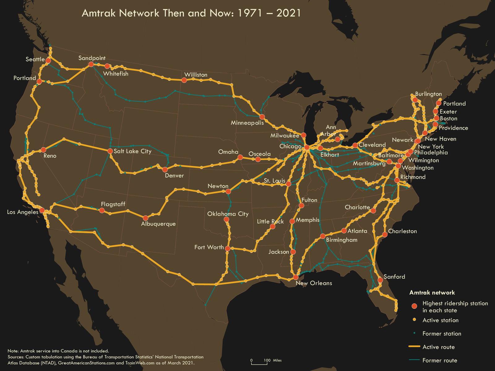Amtrak Network Then and Now: 1971-2021