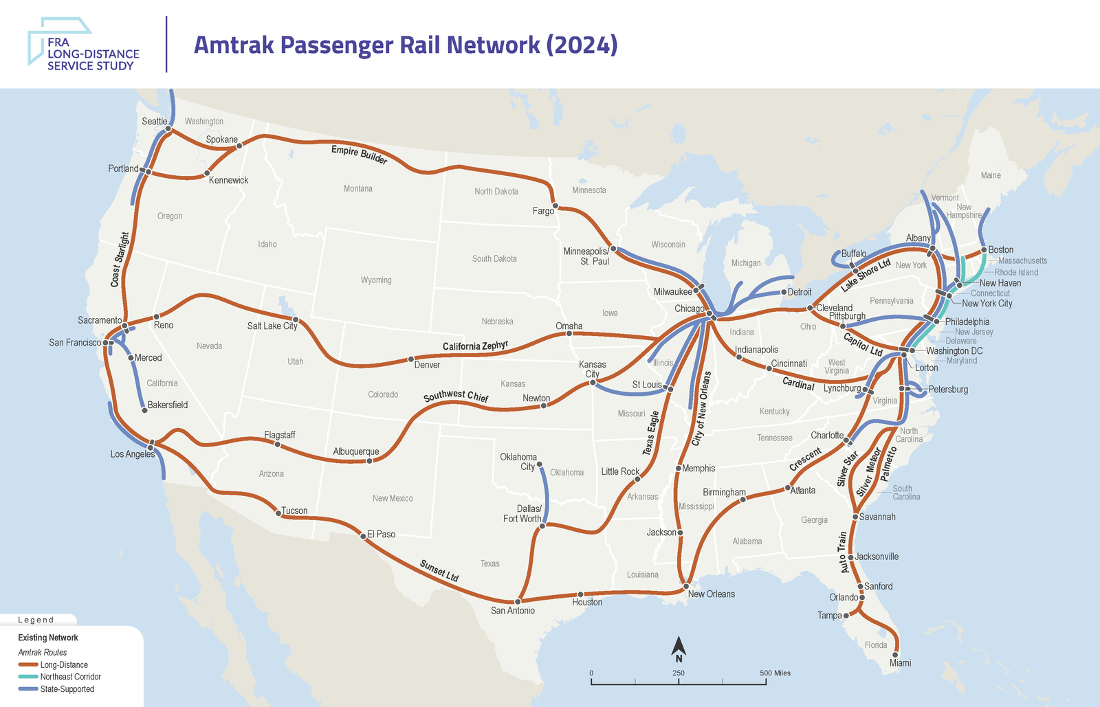 Current Amtrak Passenger Rail Network (2024)