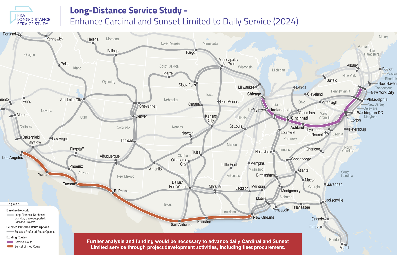 Cardinal and Sunset Limited Routes map